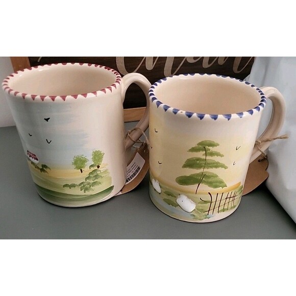 Farmhouse Sheep cow Coffee Mugs Set of 2 Hand Painted Pottery Italy Lamas - Picture 9 of 9